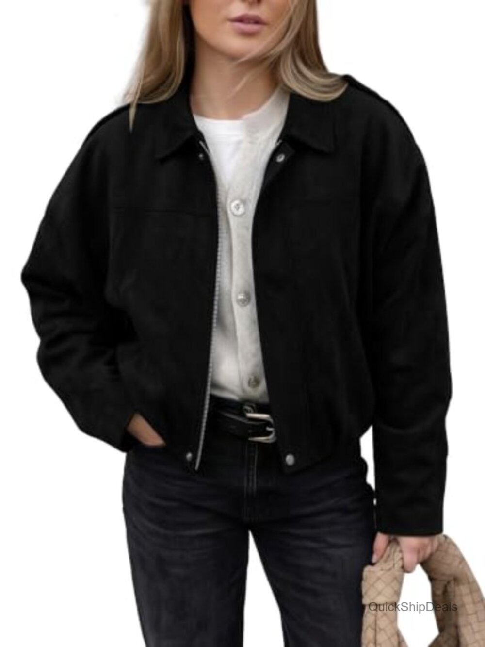 Womens Faux Suede Cropped Bomber Jacket Lapel Collar Zip Casual